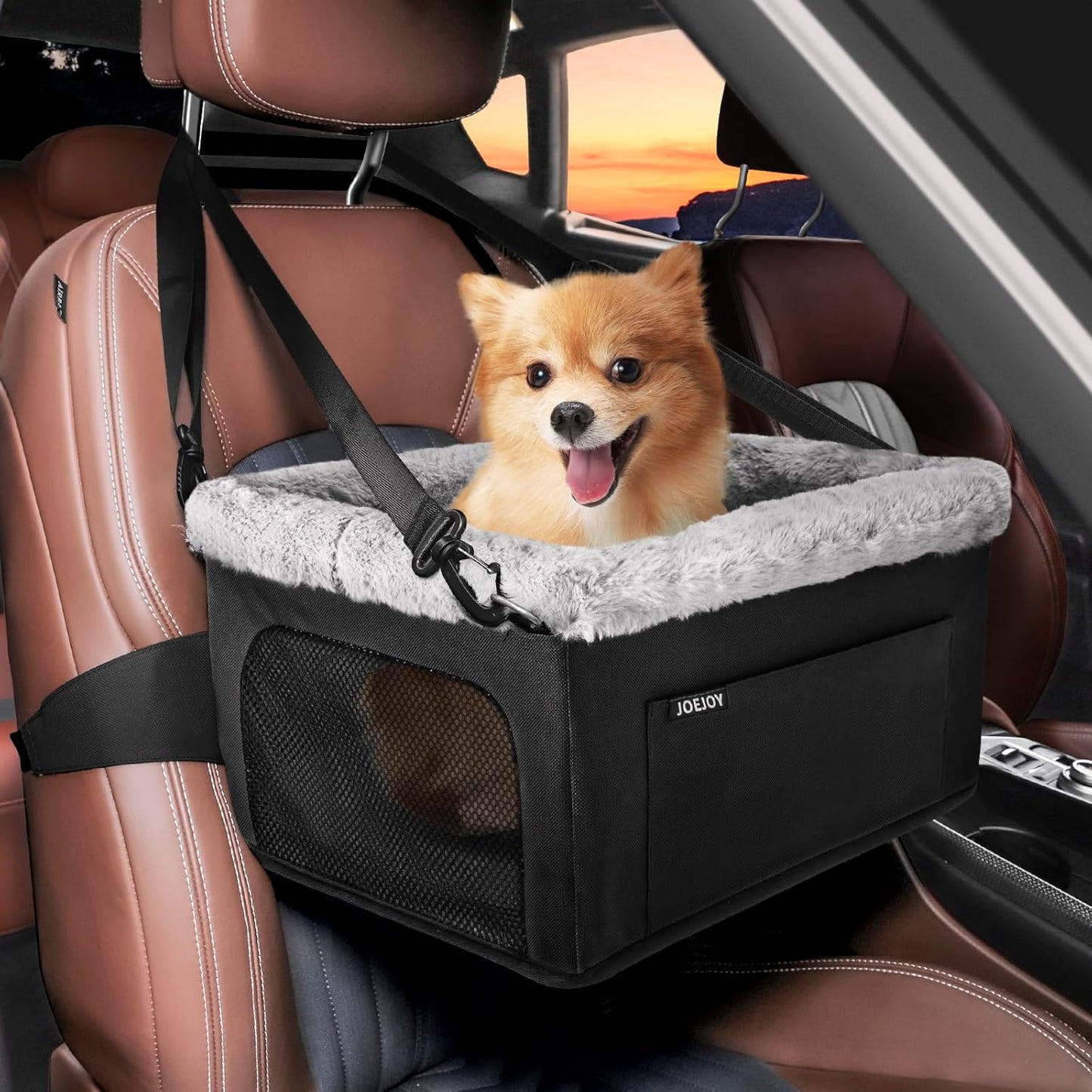 Deluxe Dog Booster Seat with Sturdy Metal Frame and Safety Leash for Small Pets up to 20 Lbs - Portable Puppy Dog Car Seat with Thick Cushion and Storage Pockets for Small Dogs