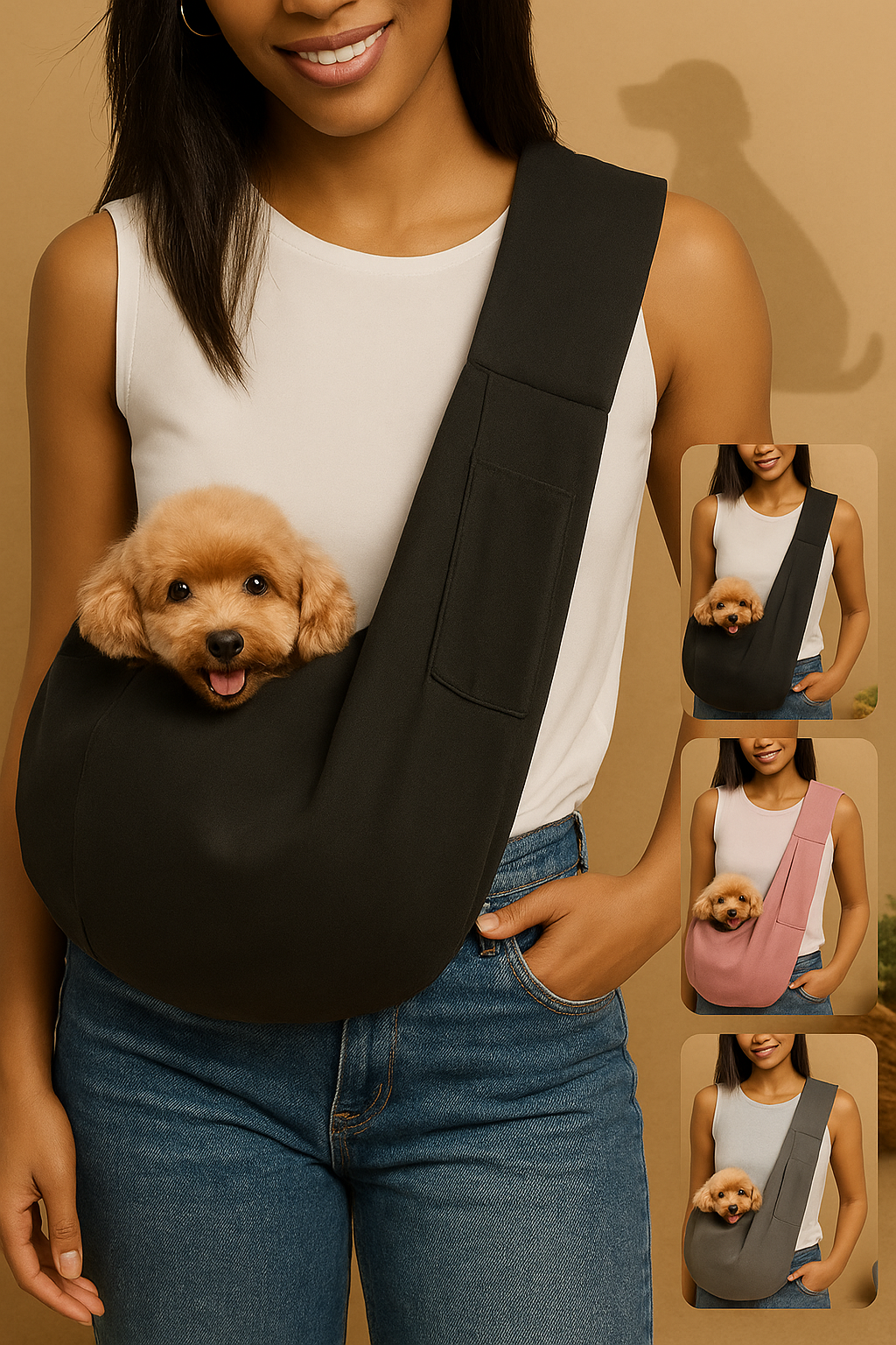 Signature Small Dog Sling Carrier  – Hands-Free Travel Tote with Classic Pocket & Adjustable Strap for Pets 3–10 lbs