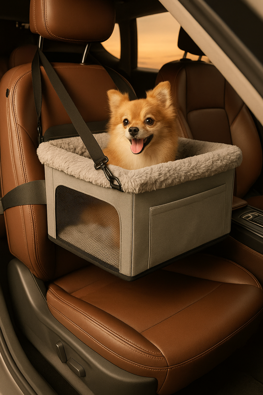 Deluxe Dog Booster Seat with Sturdy Metal Frame and Safety Leash for Small Pets up to 20 Lbs - Portable Puppy Dog Car Seat with Thick Cushion and Storage Pockets for Small Dogs