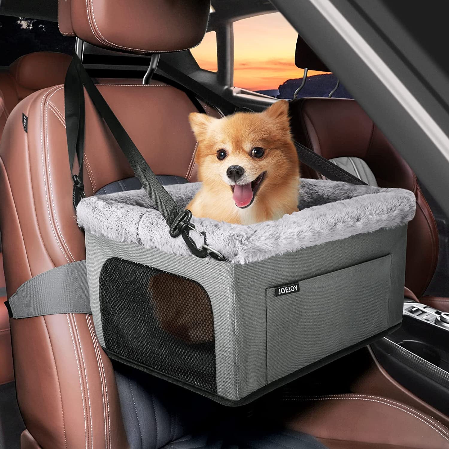 Deluxe Dog Booster Seat with Sturdy Metal Frame and Safety Leash for Small Pets up to 20 Lbs - Portable Puppy Dog Car Seat with Thick Cushion and Storage Pockets for Small Dogs