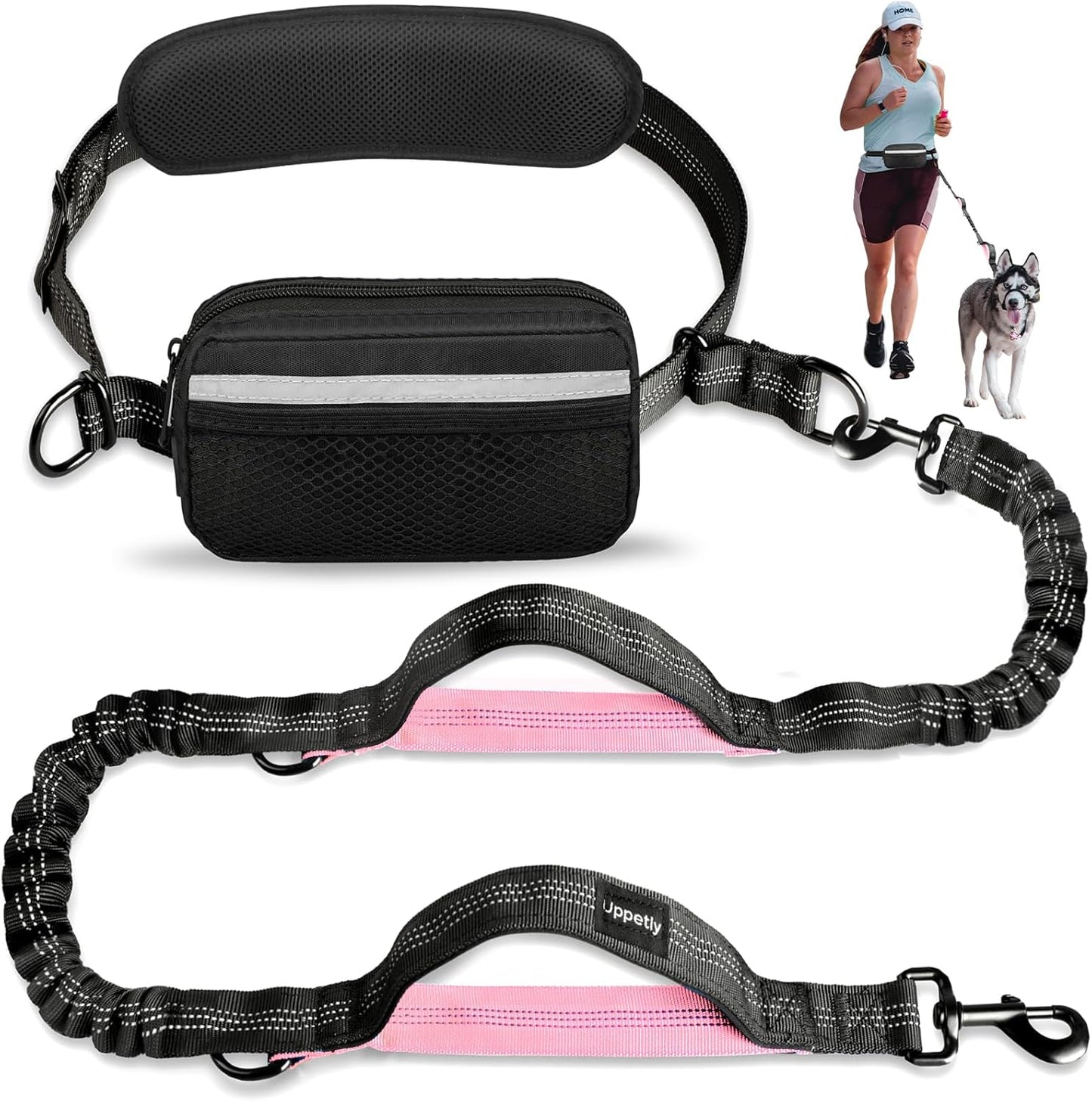 Hands-Free Running & Hiking Dog Leash with waist pouch & Shock-Absorbing Bungees — for Medium & Large Dogs (Single/Double dog options • Pink/Blue)