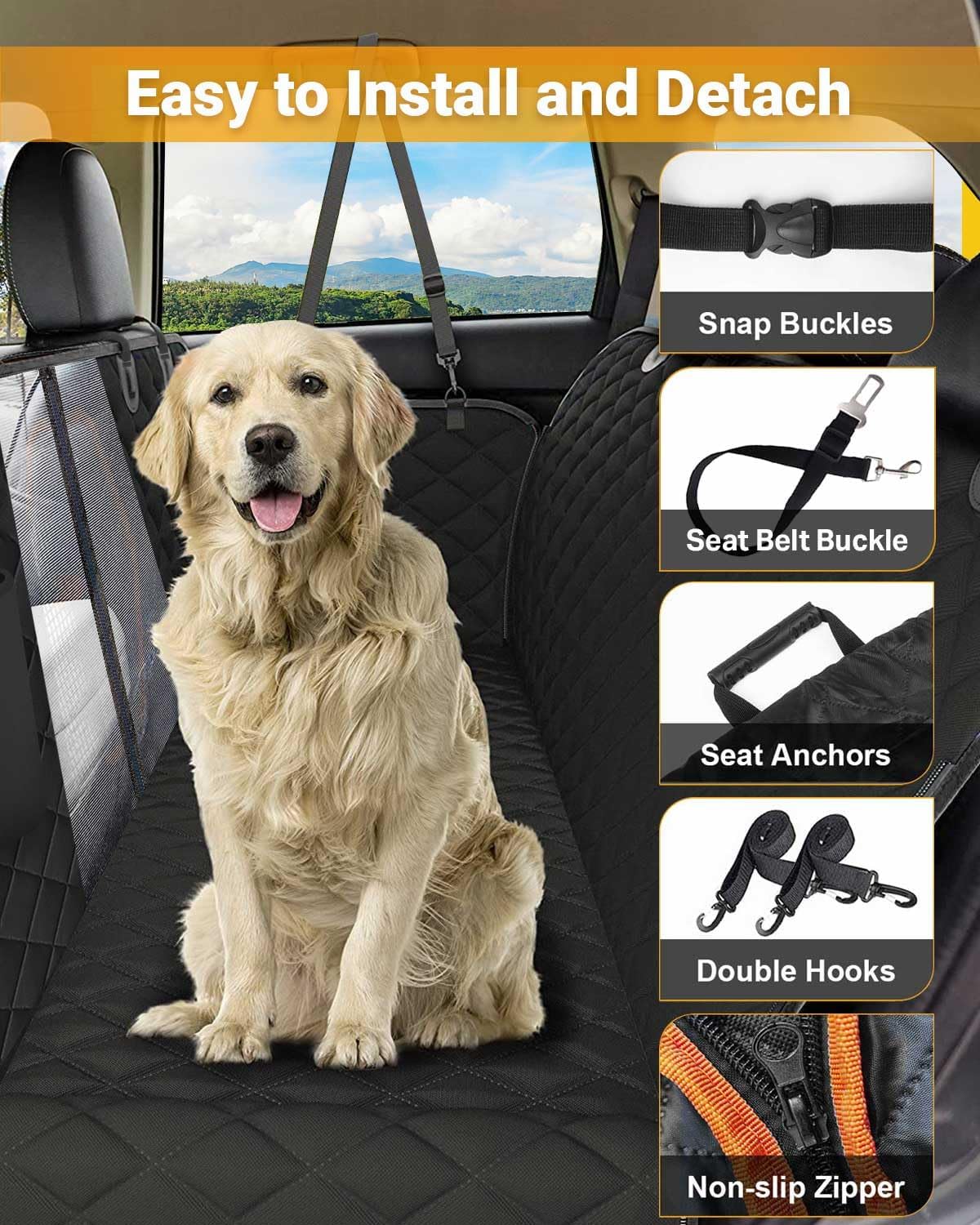 Signature Waterproof Dog Car Seat Cover – Heavy-Duty, Scratch-Resistant, Non-Slip Travel Hammock with Side Flaps & Safety Belt for Back Seat Protection