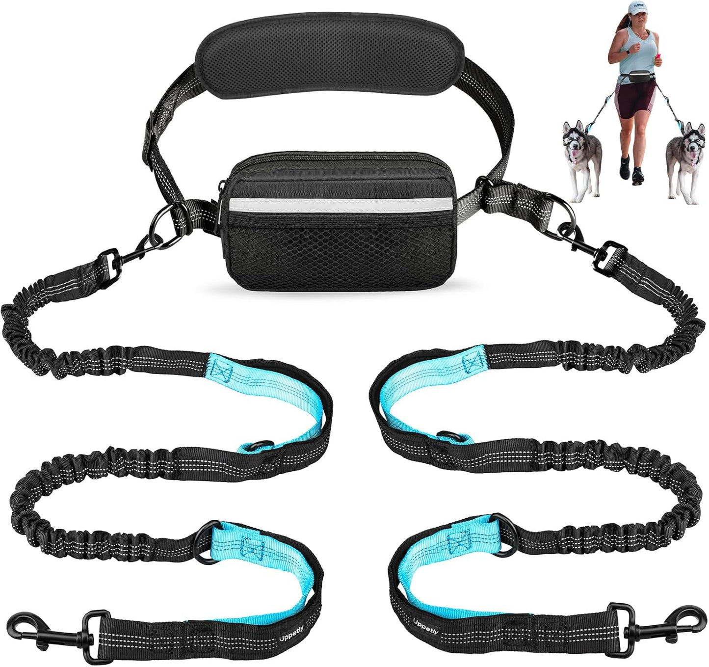 Hands-Free Running & Hiking Dog Leash with waist pouch & Shock-Absorbing Bungees — for Medium & Large Dogs (Single/Double dog options • Pink/Blue)