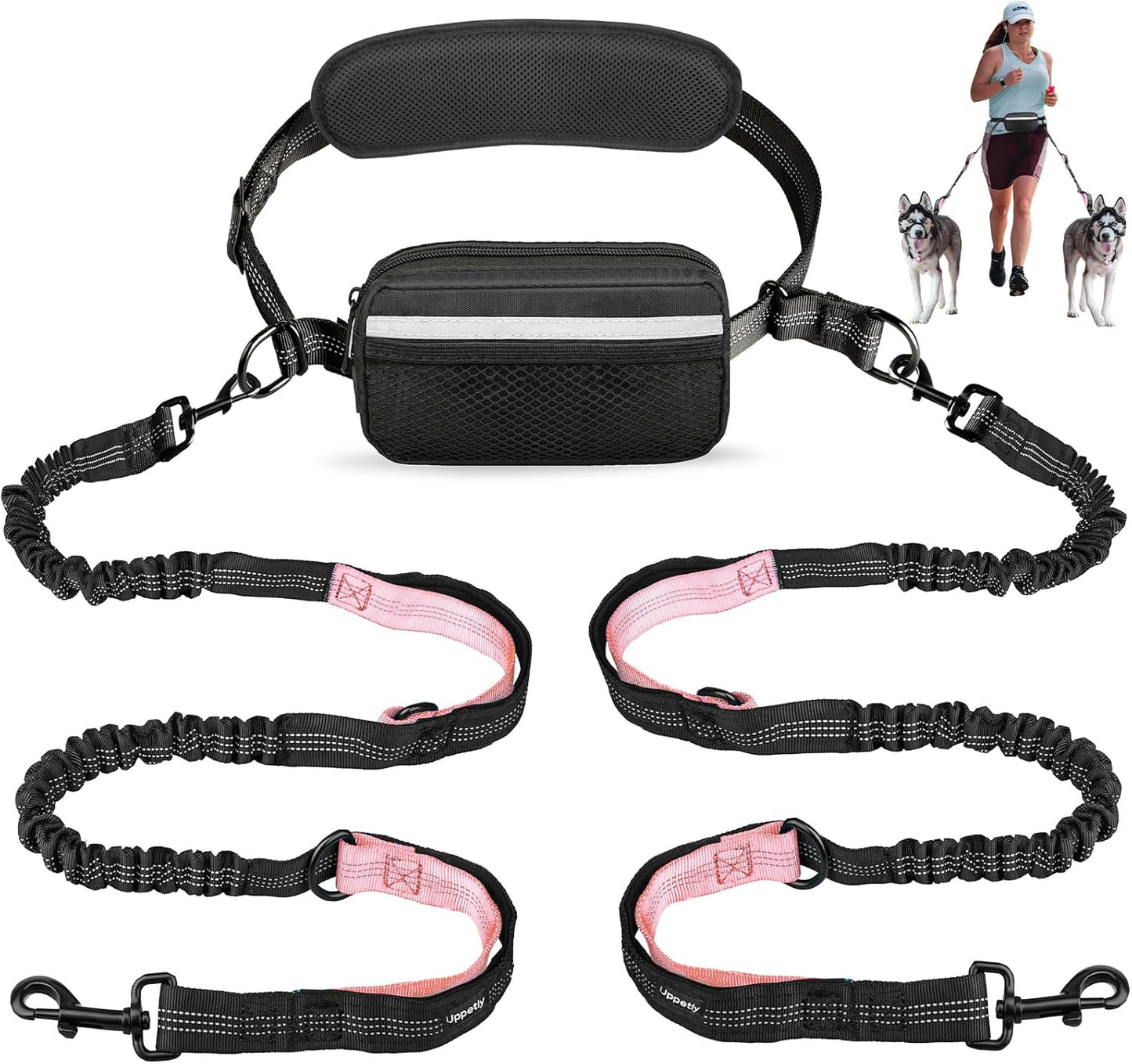 Hands-Free Running & Hiking Dog Leash with waist pouch & Shock-Absorbing Bungees — for Medium & Large Dogs (Single/Double dog options • Pink/Blue)