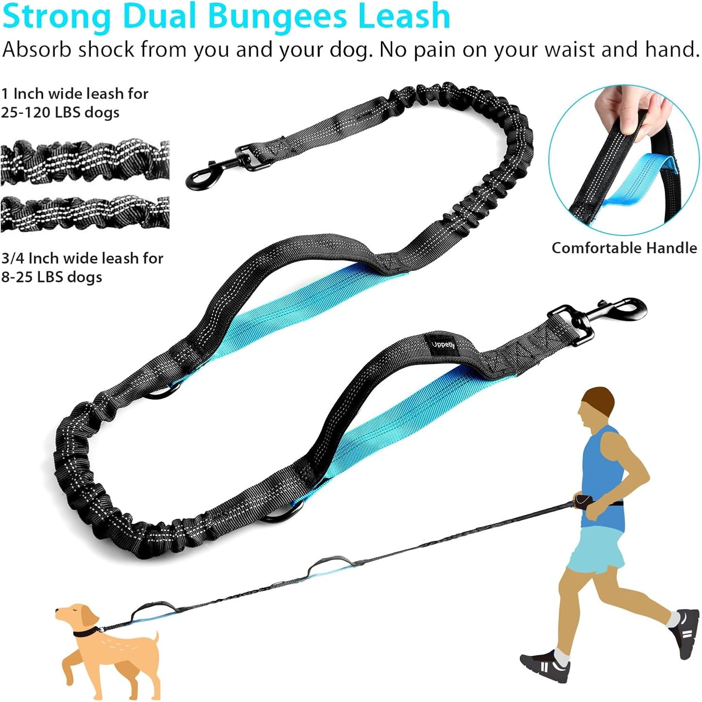 Hands-Free Running & Hiking Dog Leash with waist pouch & Shock-Absorbing Bungees — for Medium & Large Dogs (Single/Double dog options • Pink/Blue)